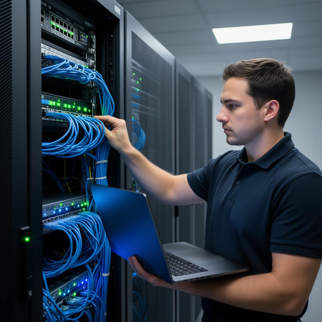 KonnecTel technician troubleshooting a network switch in a server rack