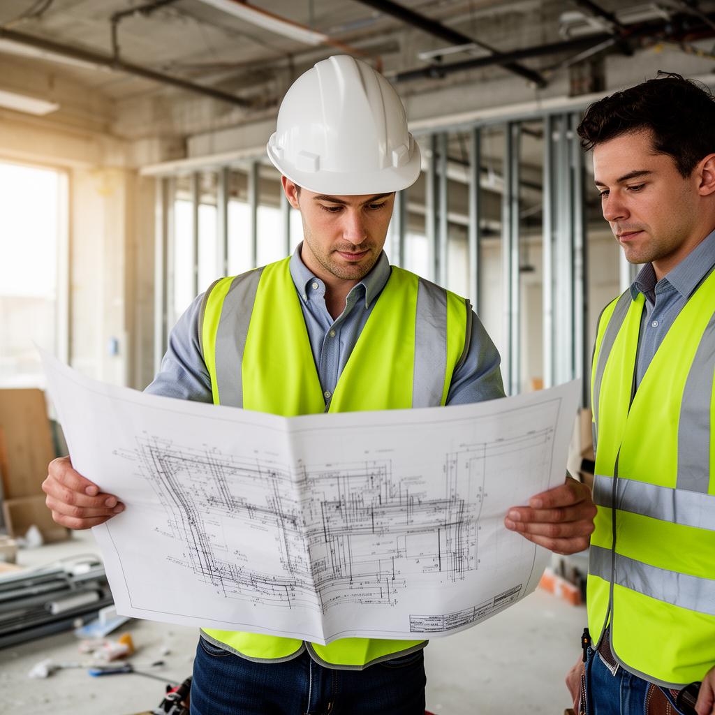 Project manager reviewing cabling plans on a job site with a technician