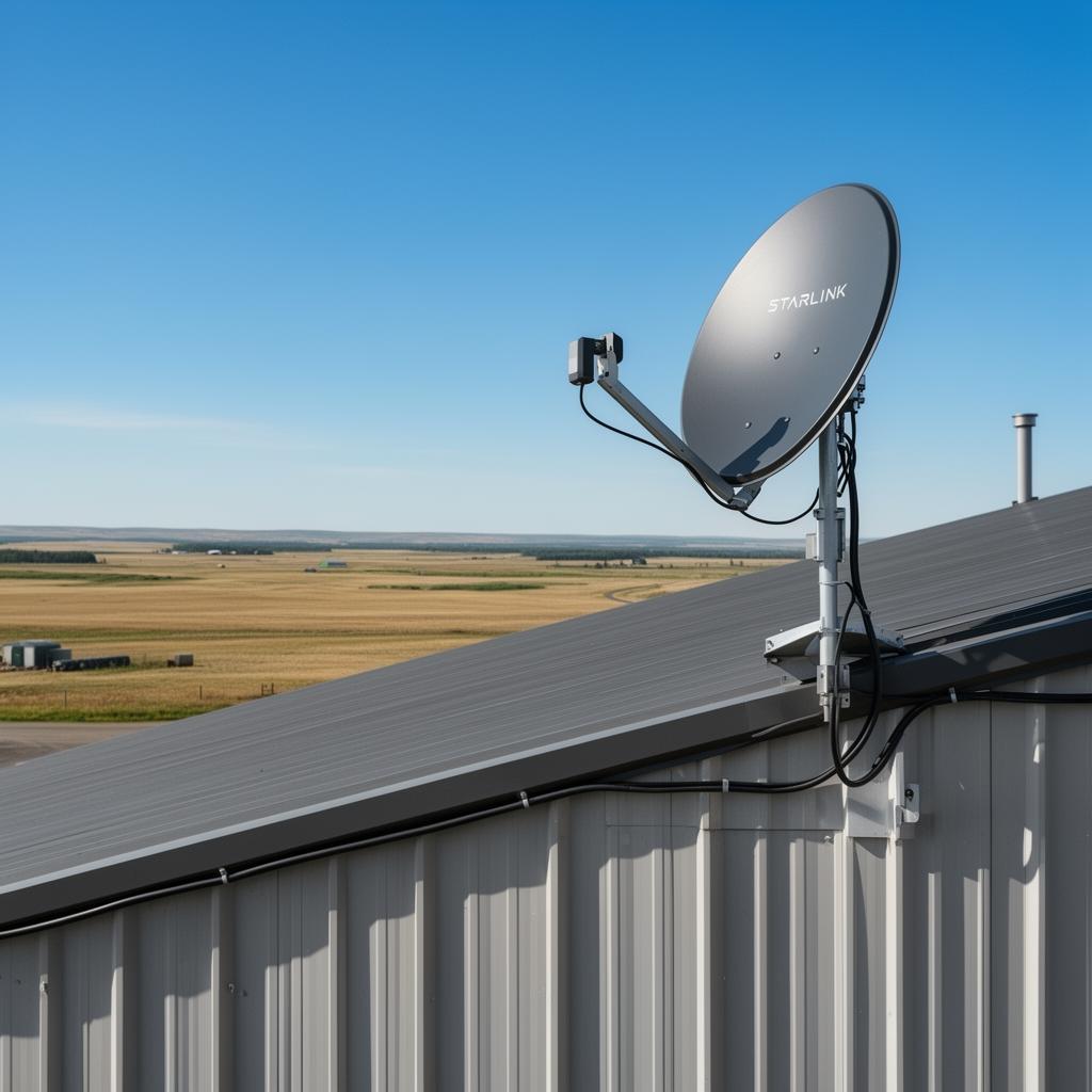 Starlink dish professionally mounted on a rural commercial building rooftop in Alberta