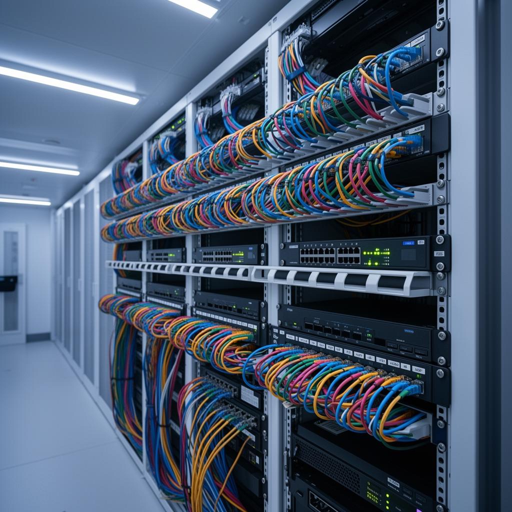 Organized server room with neatly terminated Cat6A cabling and labeled patch panels