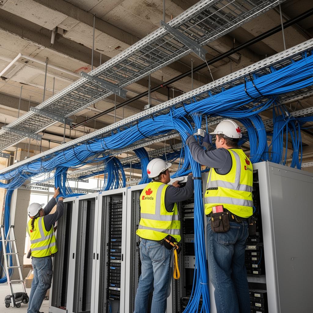 KonnecTel team on a commercial job site installing cable trays and racks