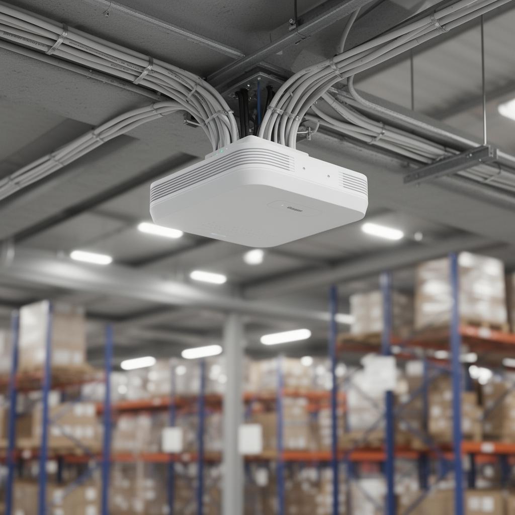 Enterprise wireless access point ceiling-mounted in a warehouse with structured cabling